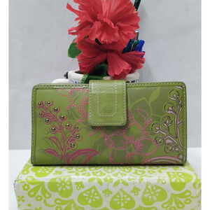 Fossil Green Leather Floral Credit Card ID Window Bifold Wallet